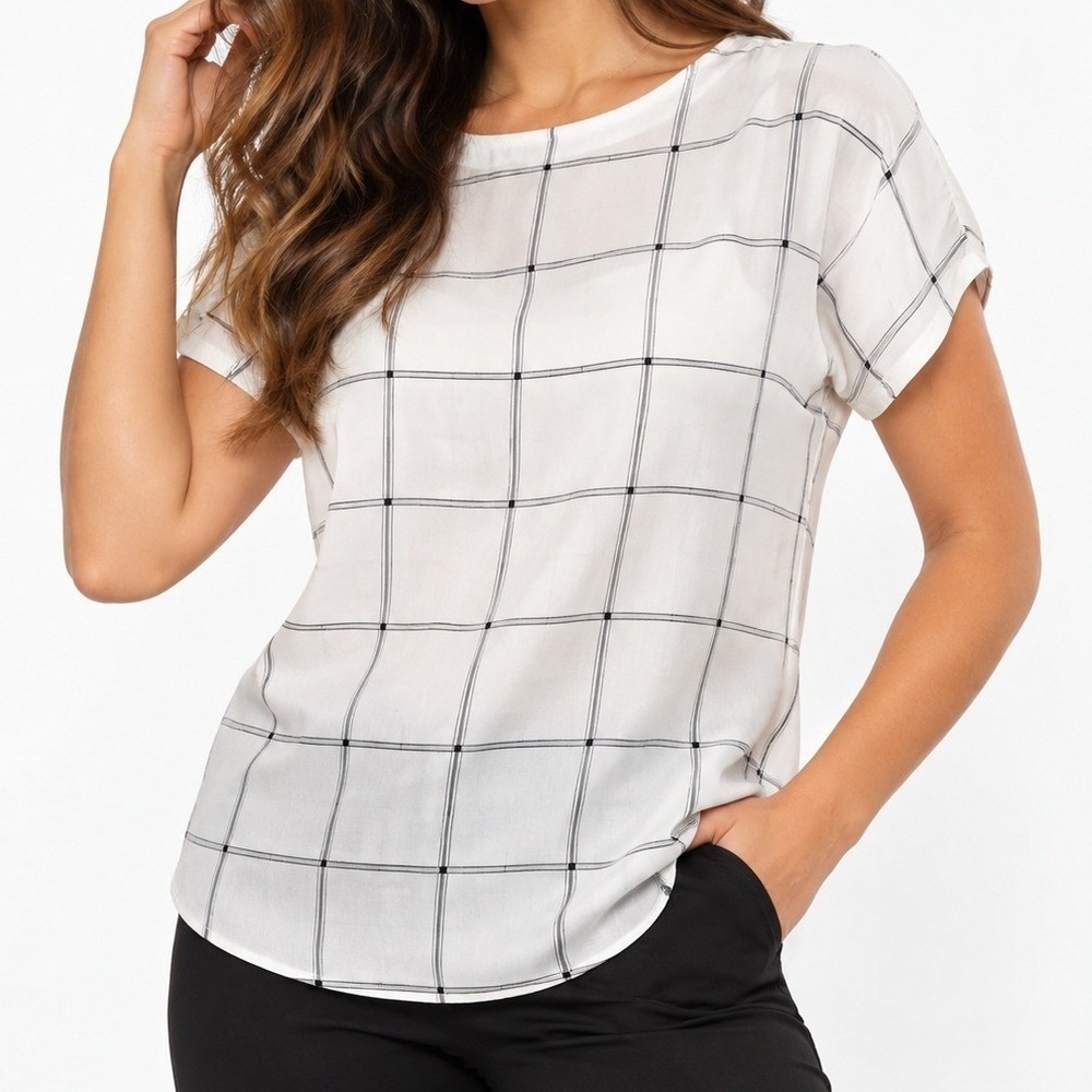 Ann Taylor Womens Blouse White Black L Windowpane Plaid Short Sleeve Workwear